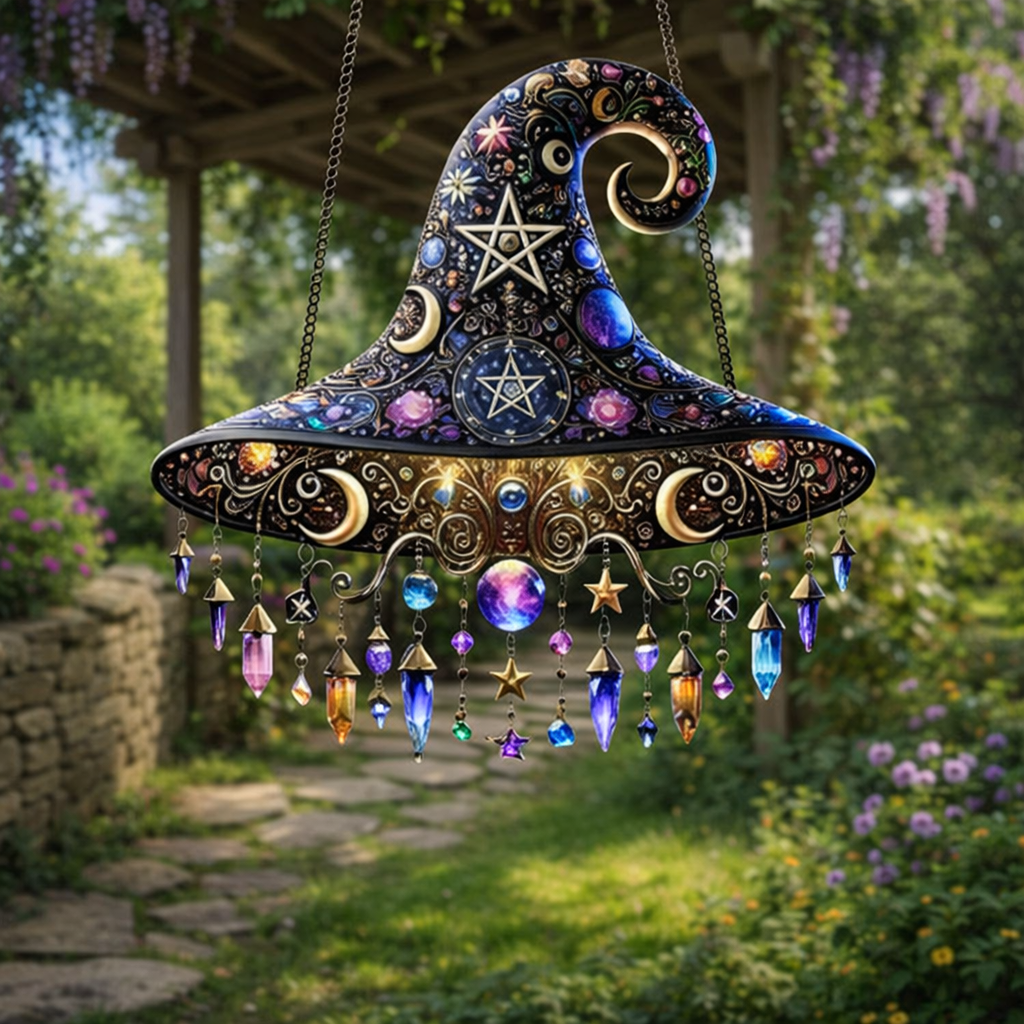 Wall Art Stained Glass Witch Hat Hanging Fantasy Home Decor