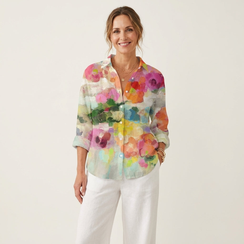 Watercolor floral button-down blouse
