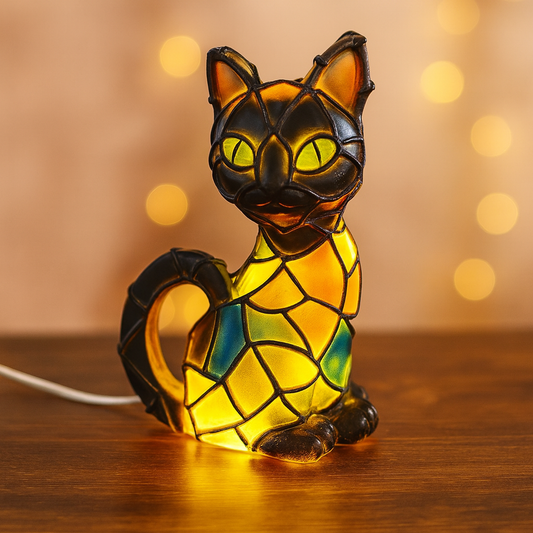 Table Lamp Cat Stained Glass Style Decorative Light