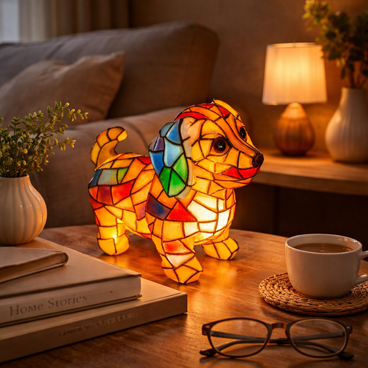 Table Lamp Dog Figurine Stained Style Decorative Accent Light