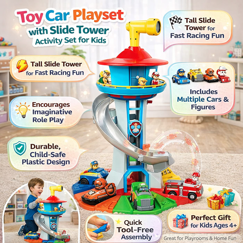 Toy Car Track Playset Multi Level Slide Tower Racing Set