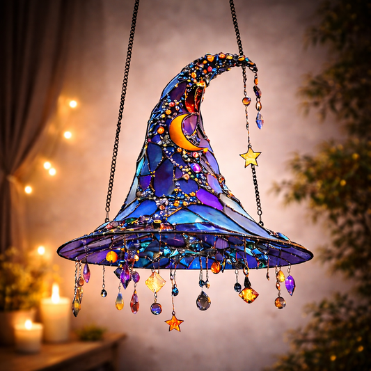 Wall Art Stained Glass Witch Hat Hanging Fantasy Home Decor