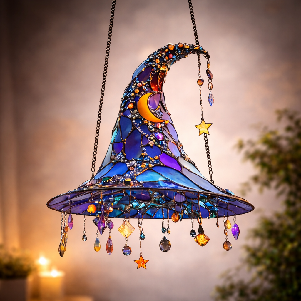 Wall Art Stained Glass Witch Hat Hanging Fantasy Home Decor