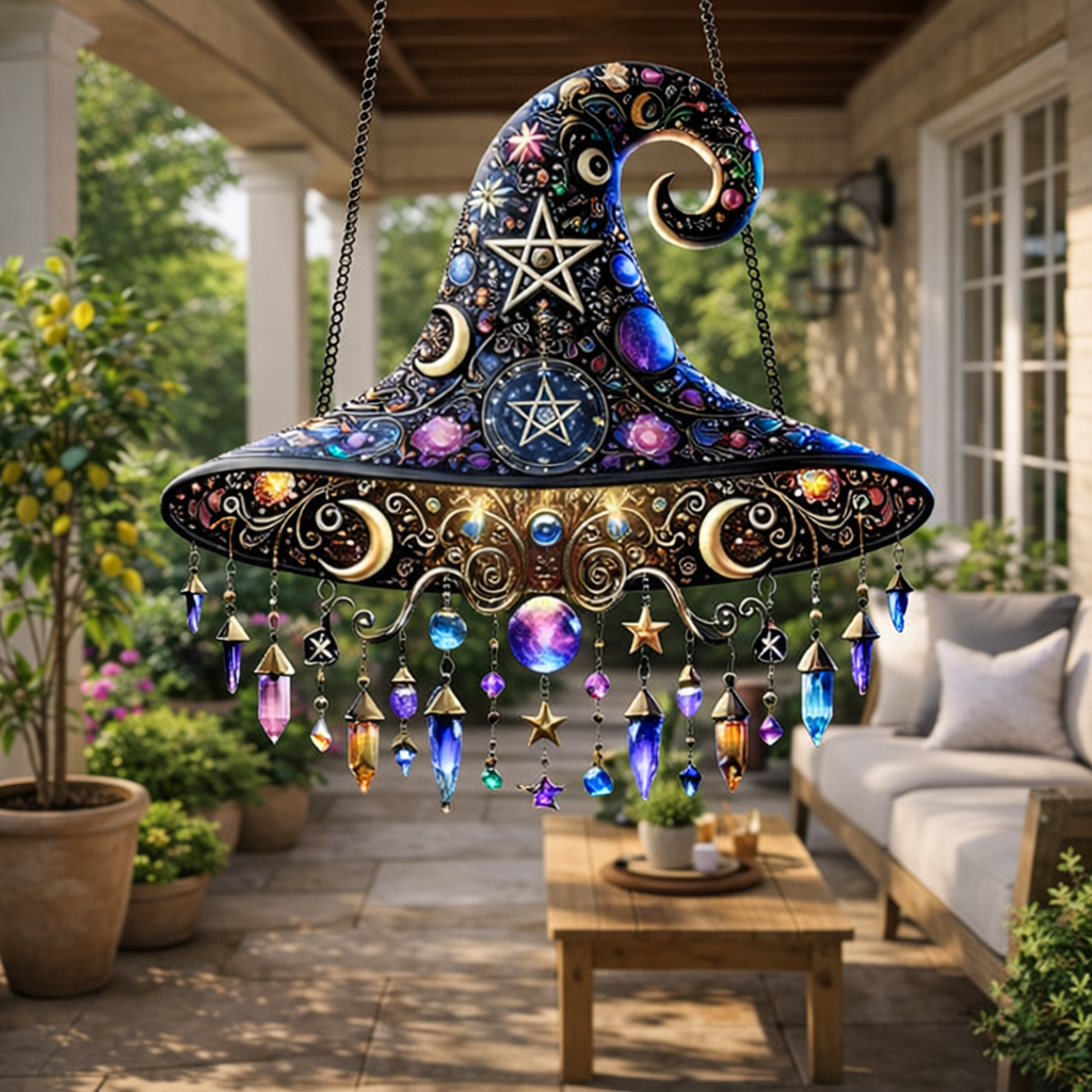 Wall Art Stained Glass Witch Hat Hanging Fantasy Home Decor