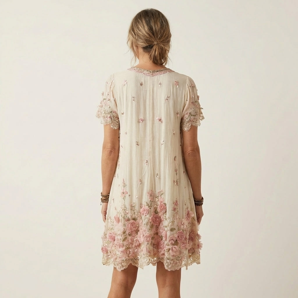Melina | Rose Appliqué Mini Dress With Beaded V-Neck & Lace Ruffle Hem