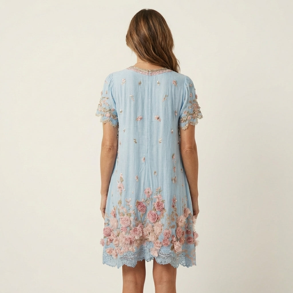 Melina | Rose Appliqué Mini Dress With Beaded V-Neck & Lace Ruffle Hem