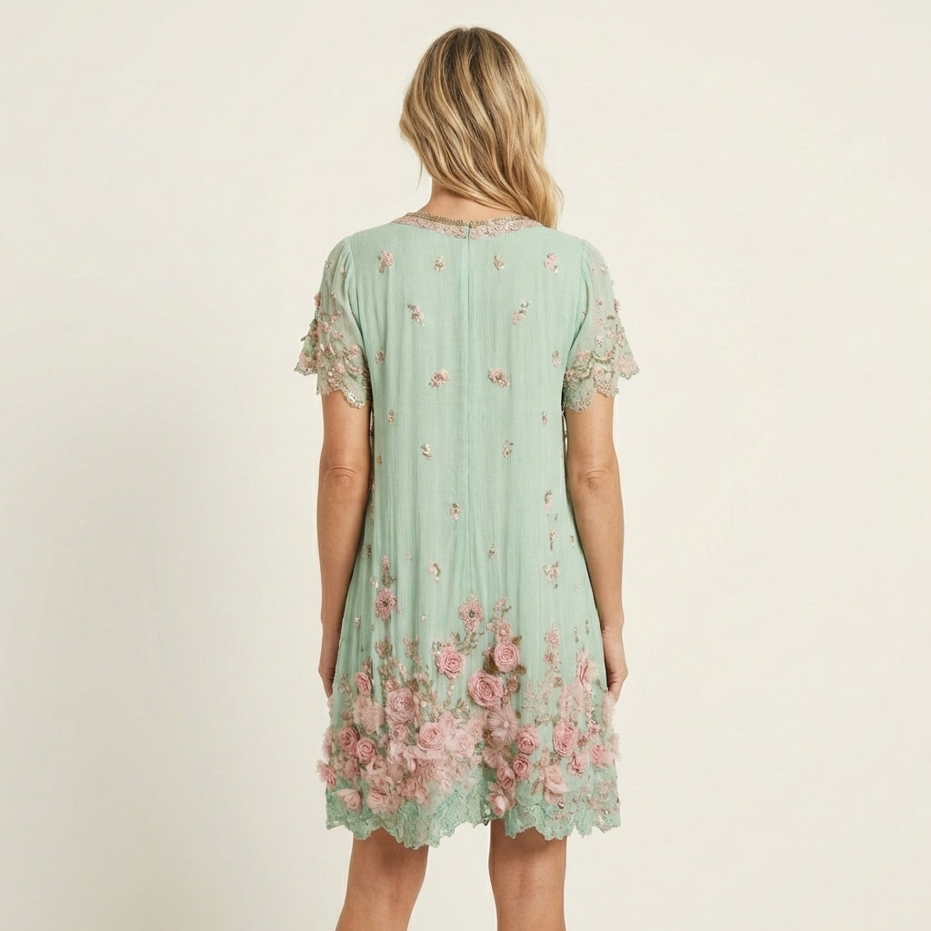Melina | Rose Appliqué Mini Dress With Beaded V-Neck & Lace Ruffle Hem