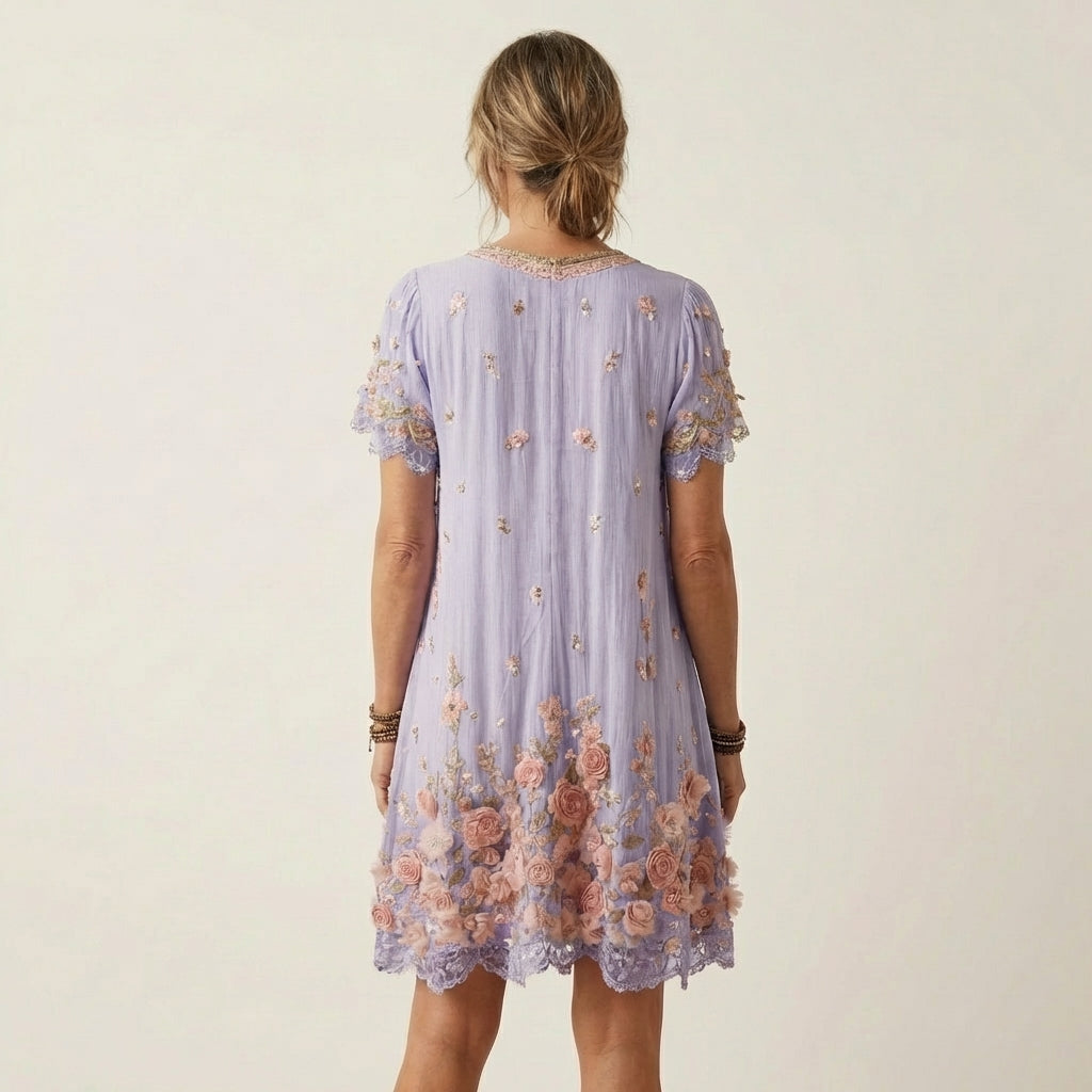 Melina | Rose Appliqué Mini Dress With Beaded V-Neck & Lace Ruffle Hem