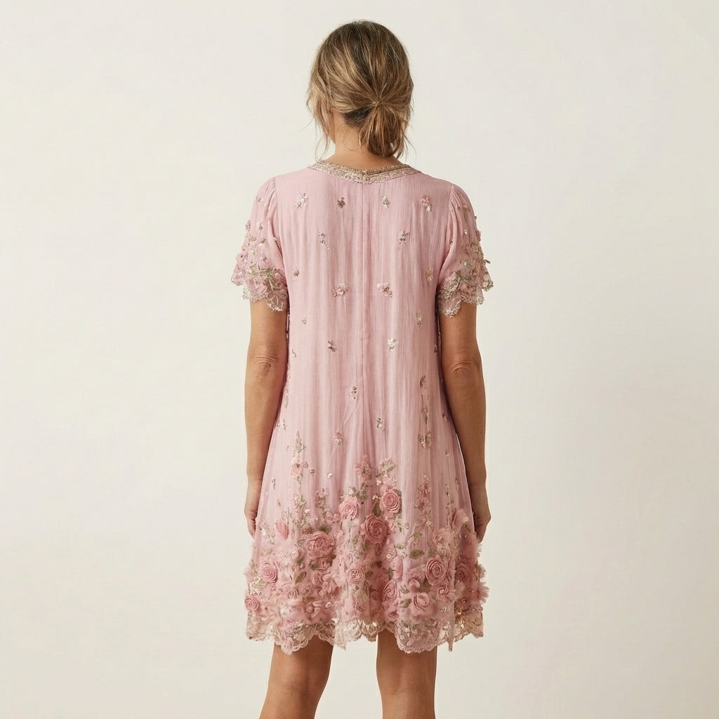 Melina | Rose Appliqué Mini Dress With Beaded V-Neck & Lace Ruffle Hem